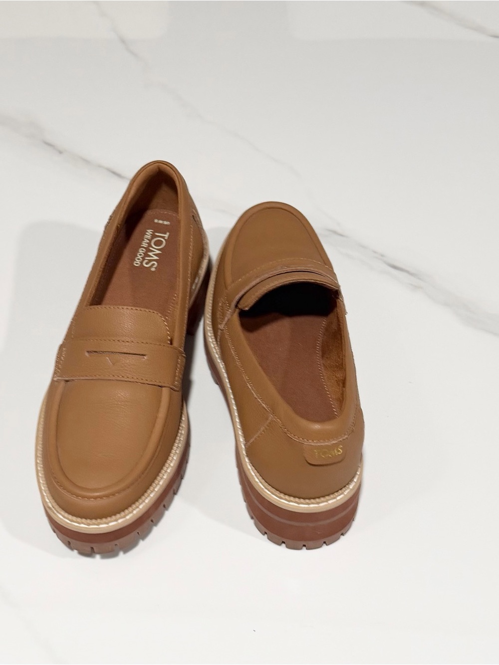 TOMS Cara Brown Leather Minimalist Quiet Luxury Chunky Penny Loafers - Size 8 - Picture 10 of 10
